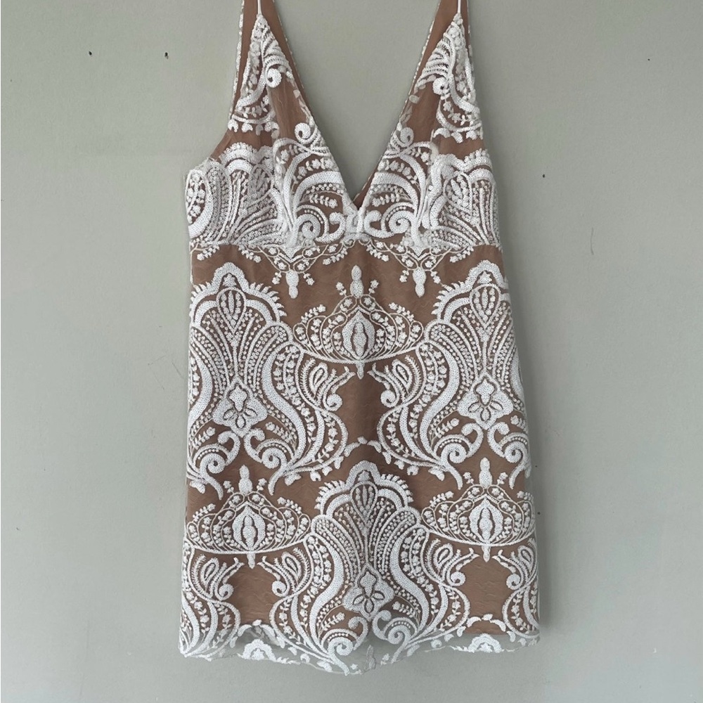 Free People Night Shimmers Lace Sequined Mini Dress Ivory/Tan NWT - Picture 5 of 8